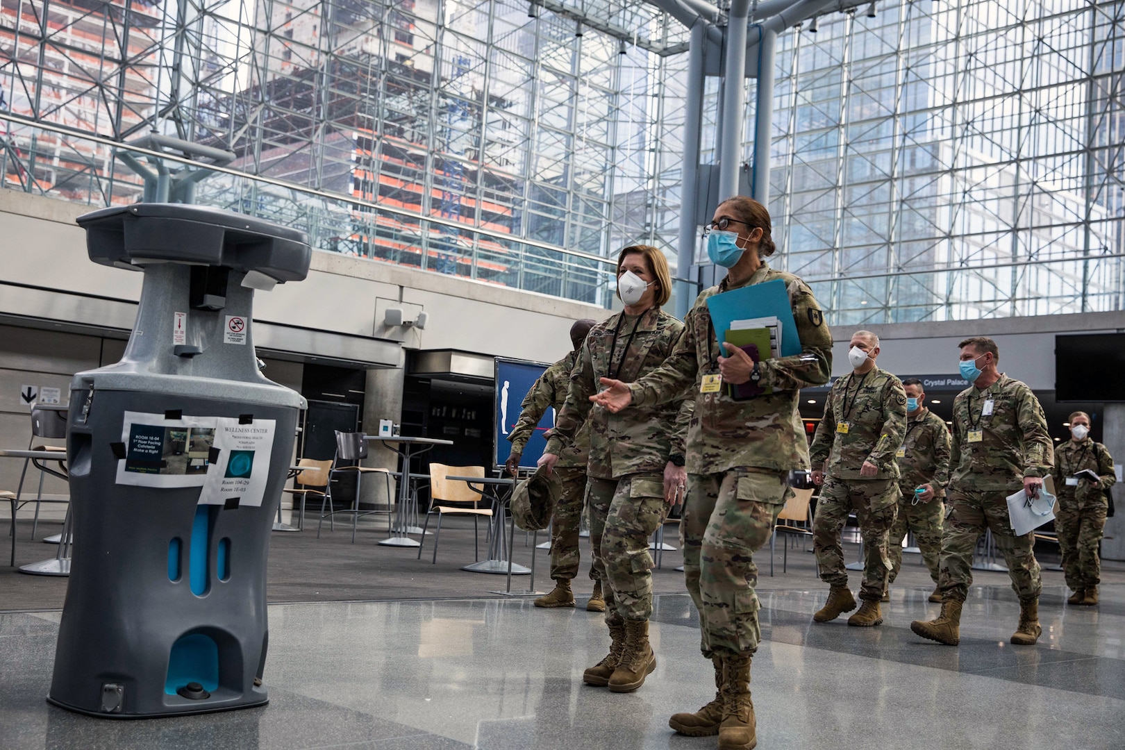 Army Col. Kimberlee Aiello (right), 44th Medical Brigade commanding officer, gives Lt. Gen. Laura Richardson, commanding general of U.S. Army North, a tour of the Javits New York Medical Station, April 12, 2020.