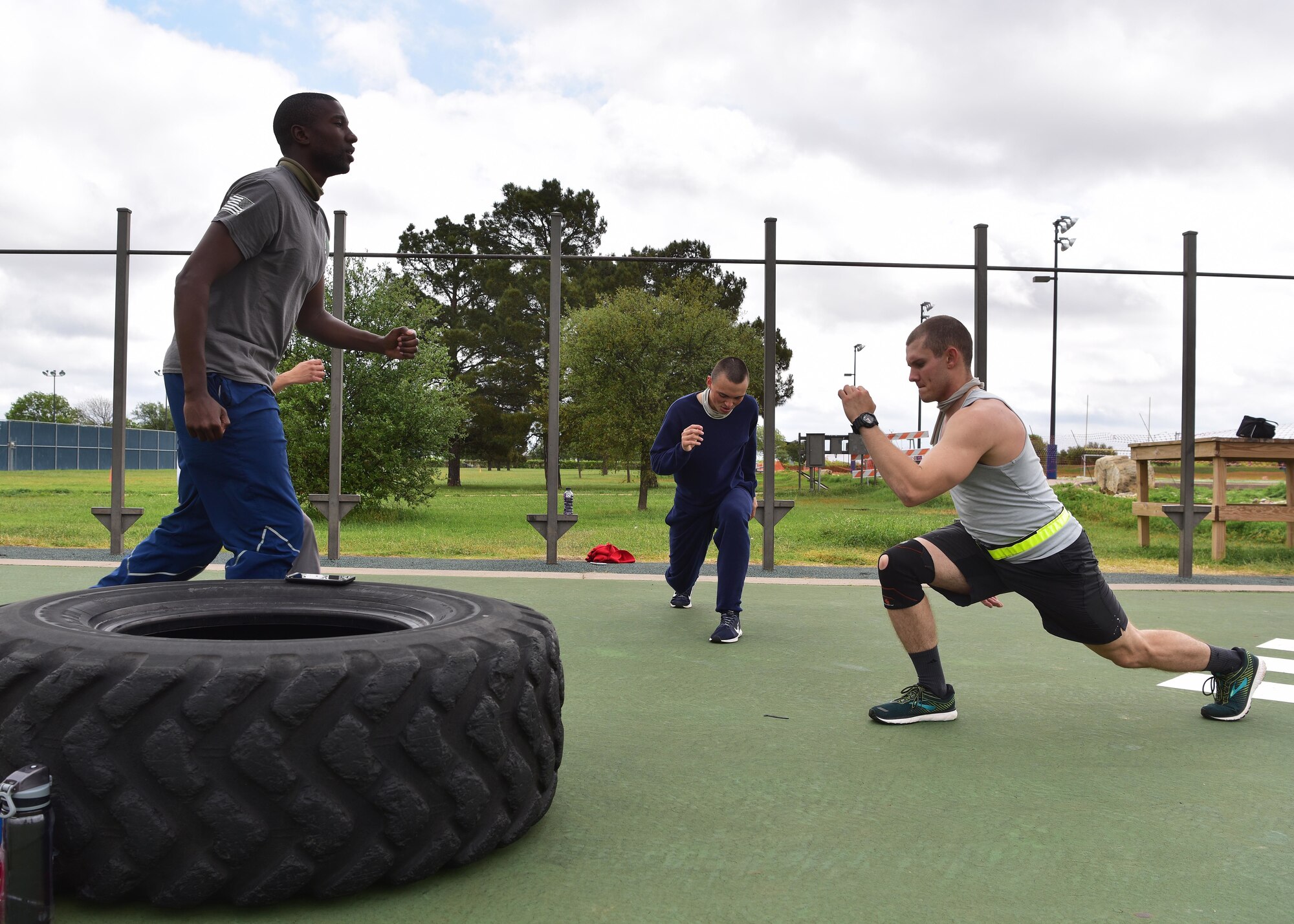 Members of Goodfellow Air Force Base compete in the physical training portion of the ‘Break the Pandemic’ Morale event here April 11, 2020. The 315th Training Squadron hosted the event to give base residents an opportunity to partake in friendly competition while observing social distancing regulations in response to the COVID-19 pandemic. (U.S. Air Force photo by Staff Sgt. Chad Warren)