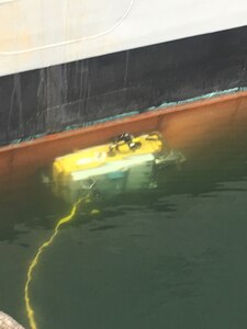 Seaward Marine Services’ proprietary Lamp Ray Remotely-Operated Vehicle crawling along the immersed hull of Naval Surface Warfare Center, Port Hueneme Division's Self Defense Test Ship in March in San Diego.