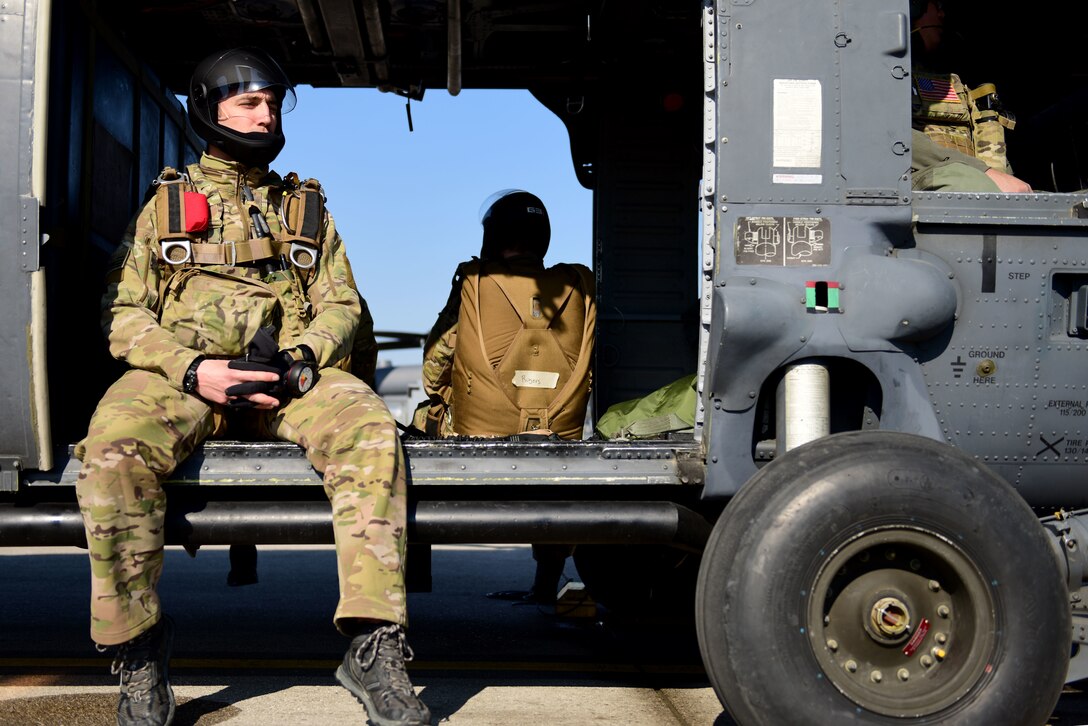 U.S. Airmen assigned to the 56th and 57th Rescue Squadrons prepare for takeoff in an HH-60G Pave Hawk at Aviano Air Base, Italy, April 2, 2020. Airmen of the 56th and 57th RQS train frequently to keep their skills sharp and their technical knowledge up-to-date. (U.S. Air Force photo by Staff Sgt. Kelsey Tucker)