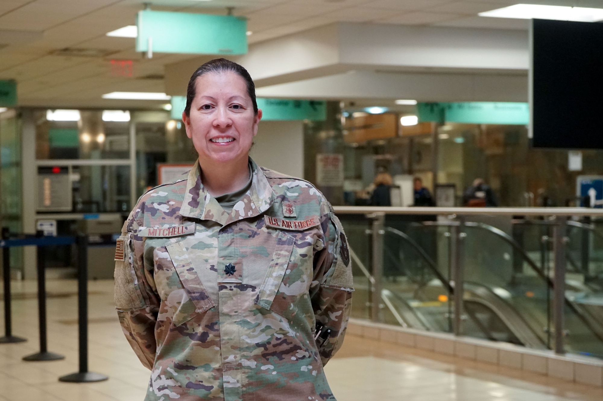 Lt. Col. Esther Mitchell, 507th Medical Squadron chief nurse at Tinker Air Force Base, Oklahoma, prepares to deploy to help the fight against COVID-19 April 13, 2020, at Will Rogers World Airport in Oklahoma City. The deployment is part of a larger mobilization package of more than 120 doctors, nurses and respiratory technicians Air Force Reserve units across the nation provided within 48 hours in support of COVID-19 response to take care of Americans. (U.S. Air Force photo by Senior Airman Mary Begy)