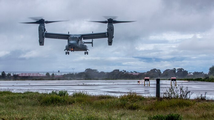 A U.S. Marine MV-22B Osprey prepares to land at the helicopter landing zone at Naval Hospital Camp Pendleton during a patient transportation rehearsal of concept on Marine Corps Base Camp Pendleton, Calif., April 10.