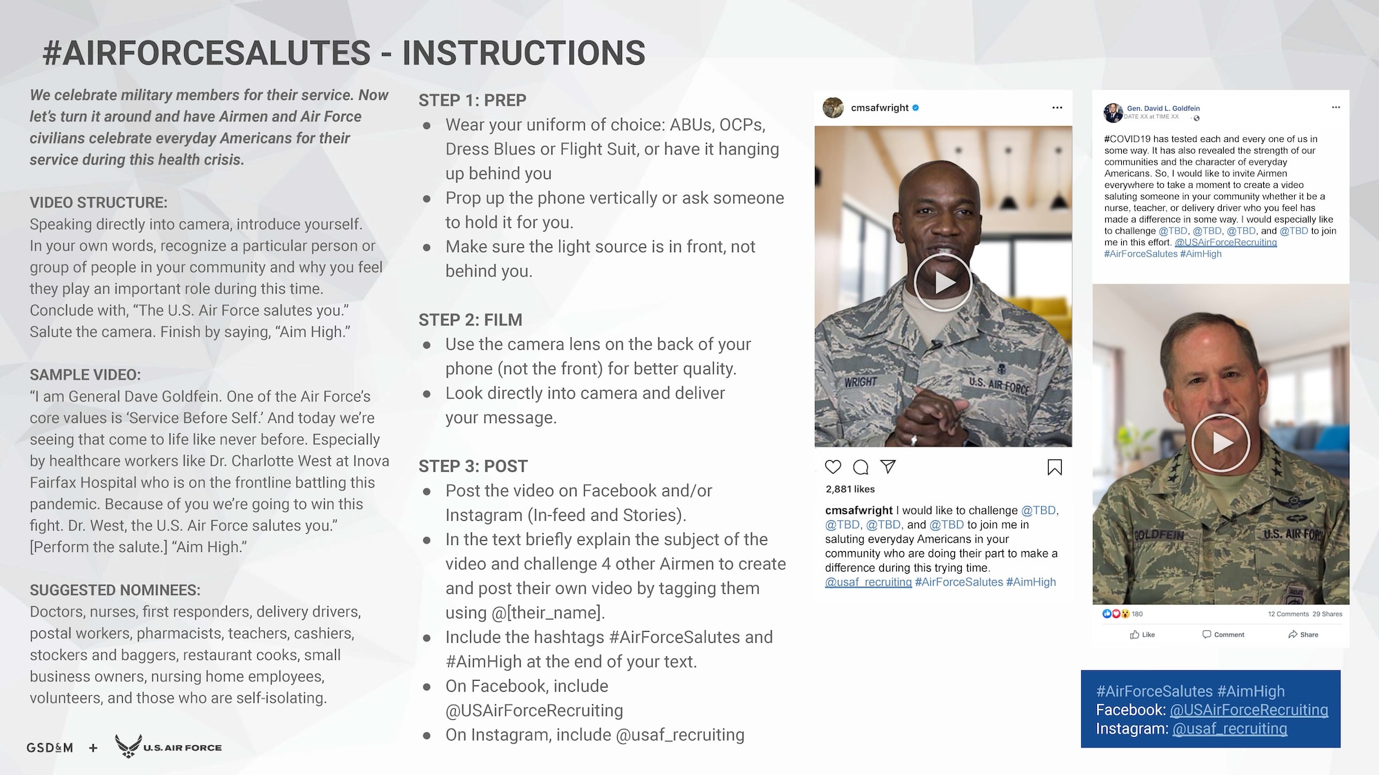 Air Force Salutes is a way Airmen can honor someone in their community who doesn’t wear the Air Force uniform but still embodies the Air Force core value of service before self.