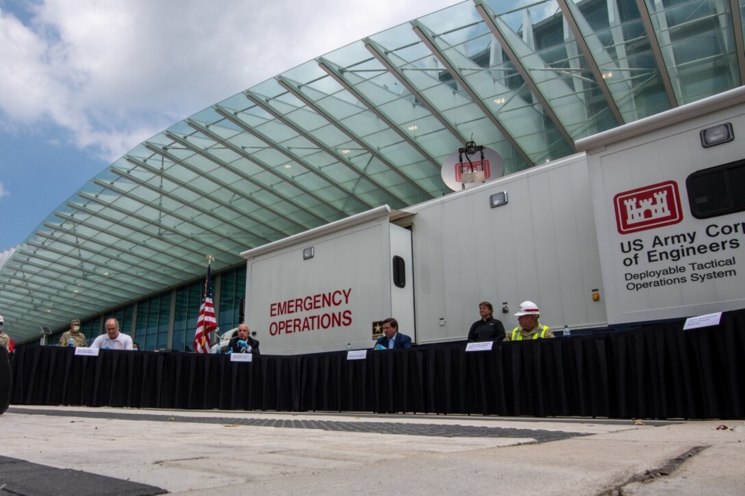 Leadership from the City of Miami Beach, Mayor Dan Gebler, Mayor Carlos A. Gimenez of Mayor of Miami-Dade, the Gov. Ron DeSantis and the Chief Engineer of the U.S. Army Corps of Engineers, Lt. Gen. Todd Semonite brief the press and the people of South Florida on the current outlook of the COVID-19 Pandemic and the work being done at the Miami Beach Convention Center to convert it to an alternate care facility. When complete, the Miami Beach Convention Center (MBCC) Alternate Care Facility (ACF) will hold 450 beds, 50 of which will be isolation units and 400 of which will house regular beds. During emergencies, USACE is the federal government's lead public works and engineering support agency. Given its extensive work in building medical facilities for its military stakeholders, it is uniquely qualified to tackle this engineering challenge.