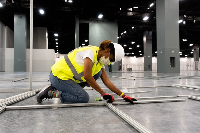 The Miami Beach Convention Center is now a 24 hour construction site crews work at a steady pace to install ICU and Acute Care pods. USACE staff awarded a construction contract Monday April 6, 2020 for $22.5 Million to Robins & Morton of Miami, Fla. to convert the Miami Beach Convention Center into a 450-bed alternate care facility.