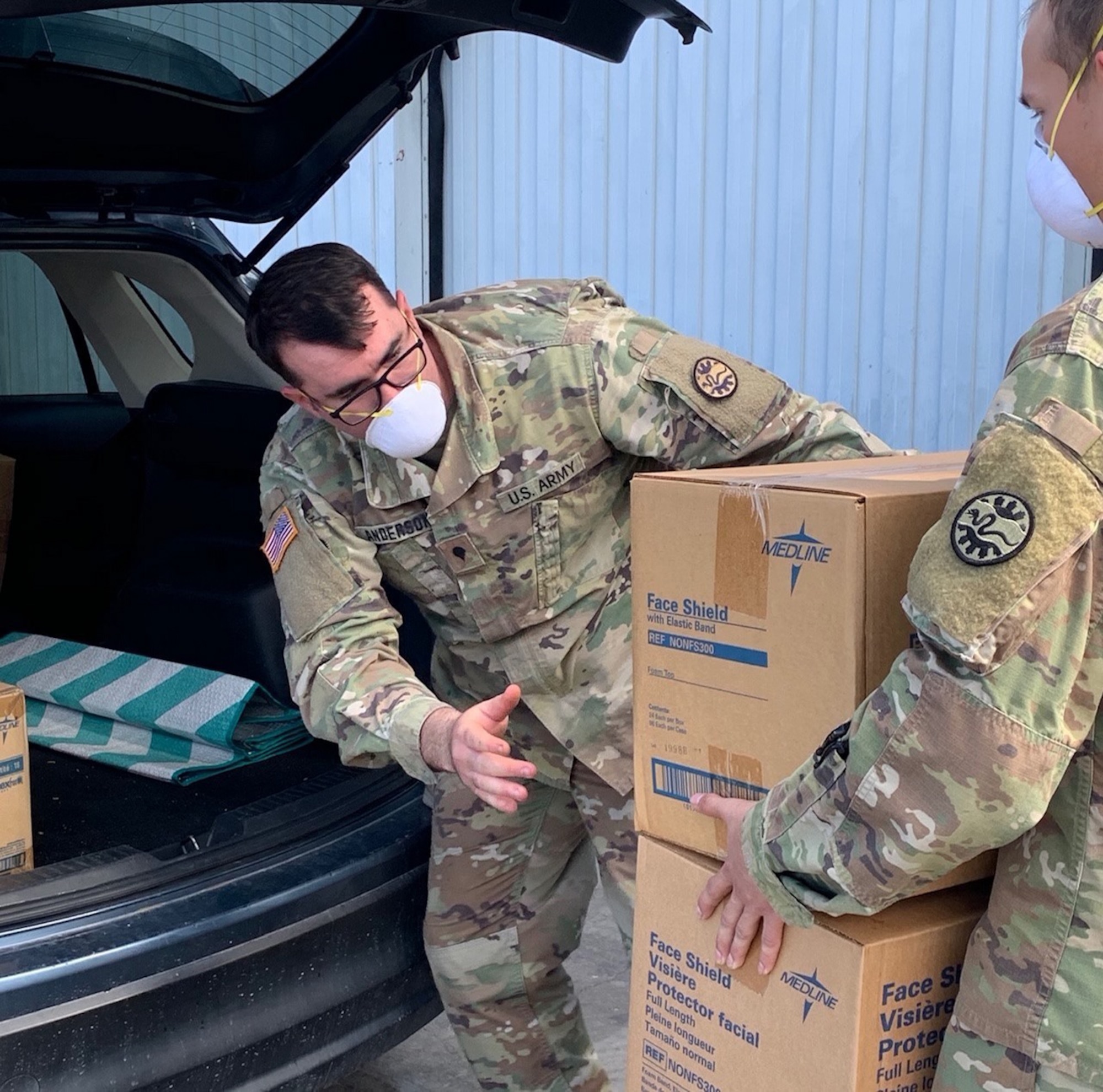 Soldiers of the Nevada Army National Guard receive medical supplies at a warehouse east of Sparks, Nevada, as part of the COVID-19 pandemic response in the Silver State. About 700 additional Nevada National Guard Soldiers and Airmen will enter the fight against COVID-19 this week, bringing the total to 800, the largest state activation in Nevada National Guard history.