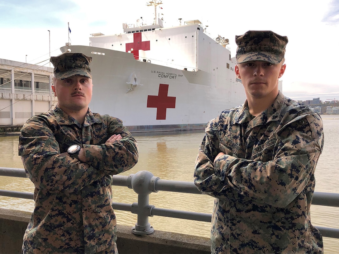 U.S. Marines are assigned to II Marine Expeditionary Force as part of a Marine security detachment supporting Military Sealift Command hospital ship USNS Comfort (T-AH-20).