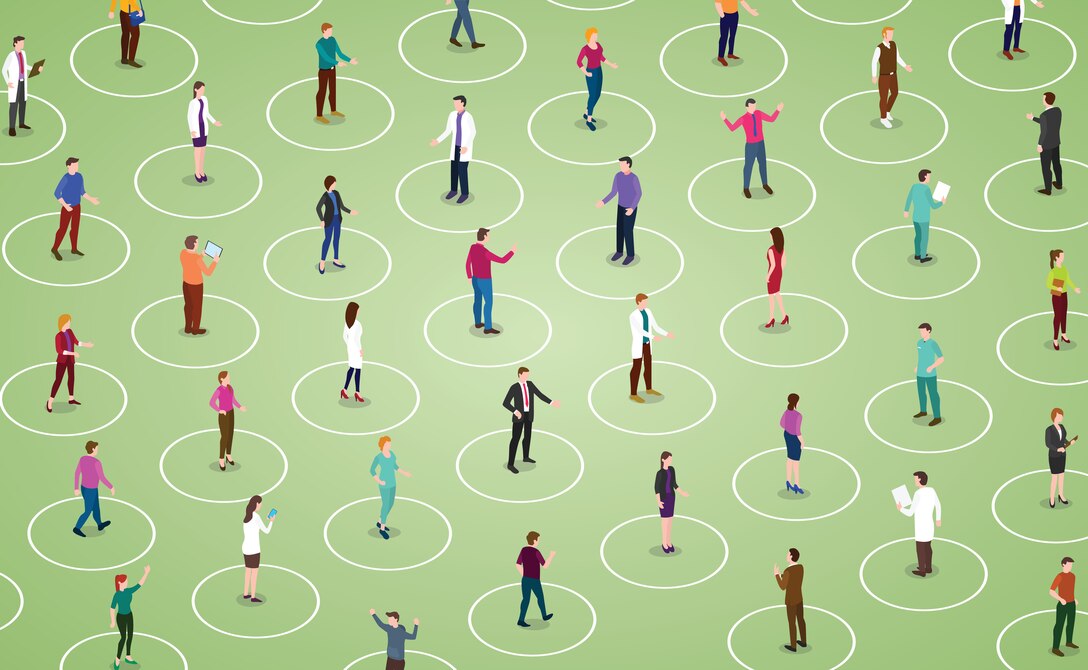 Graphic shows people standing in their individual circles apart from each other.