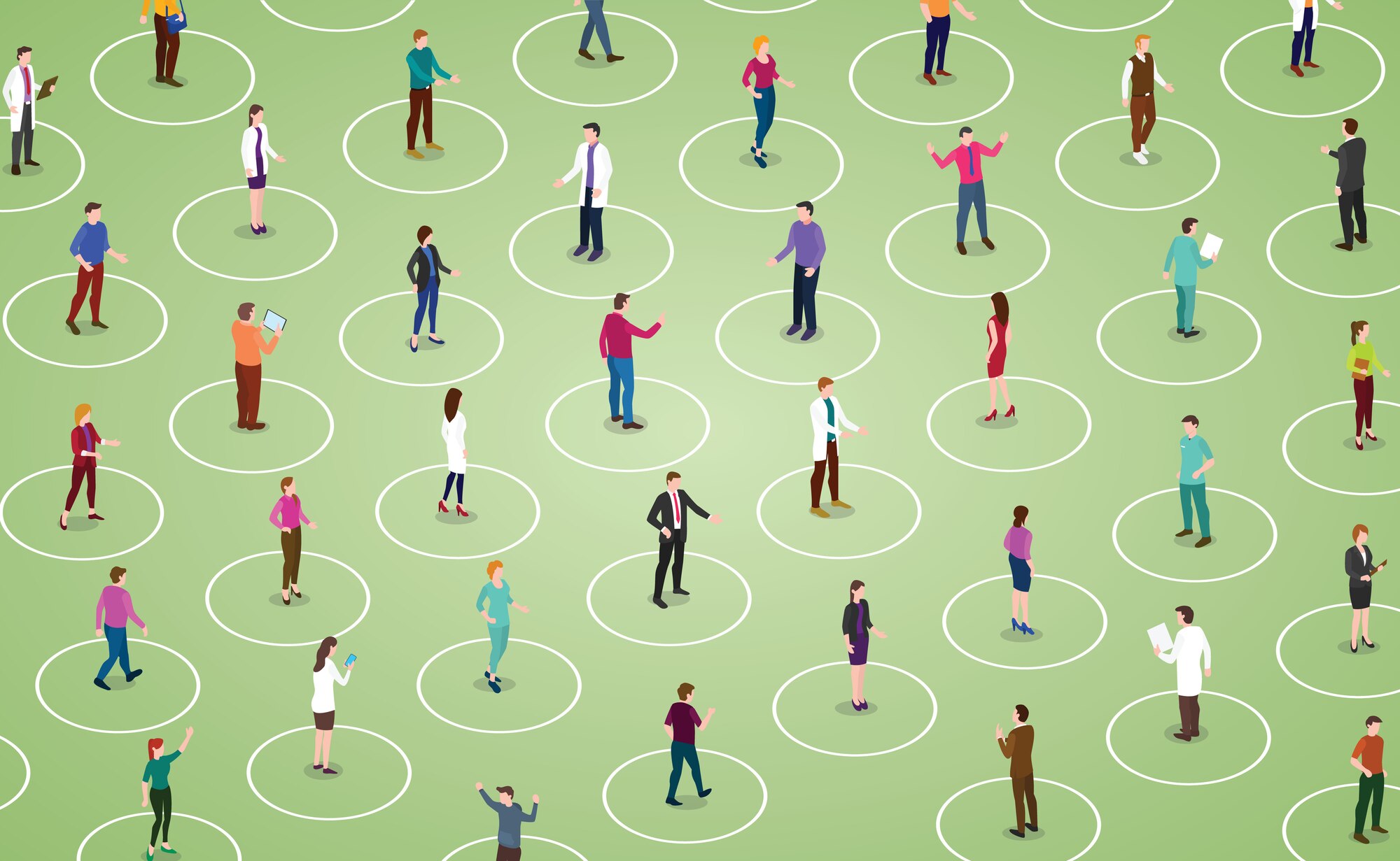 Graphic shows people standing in their individual circles apart from each other.