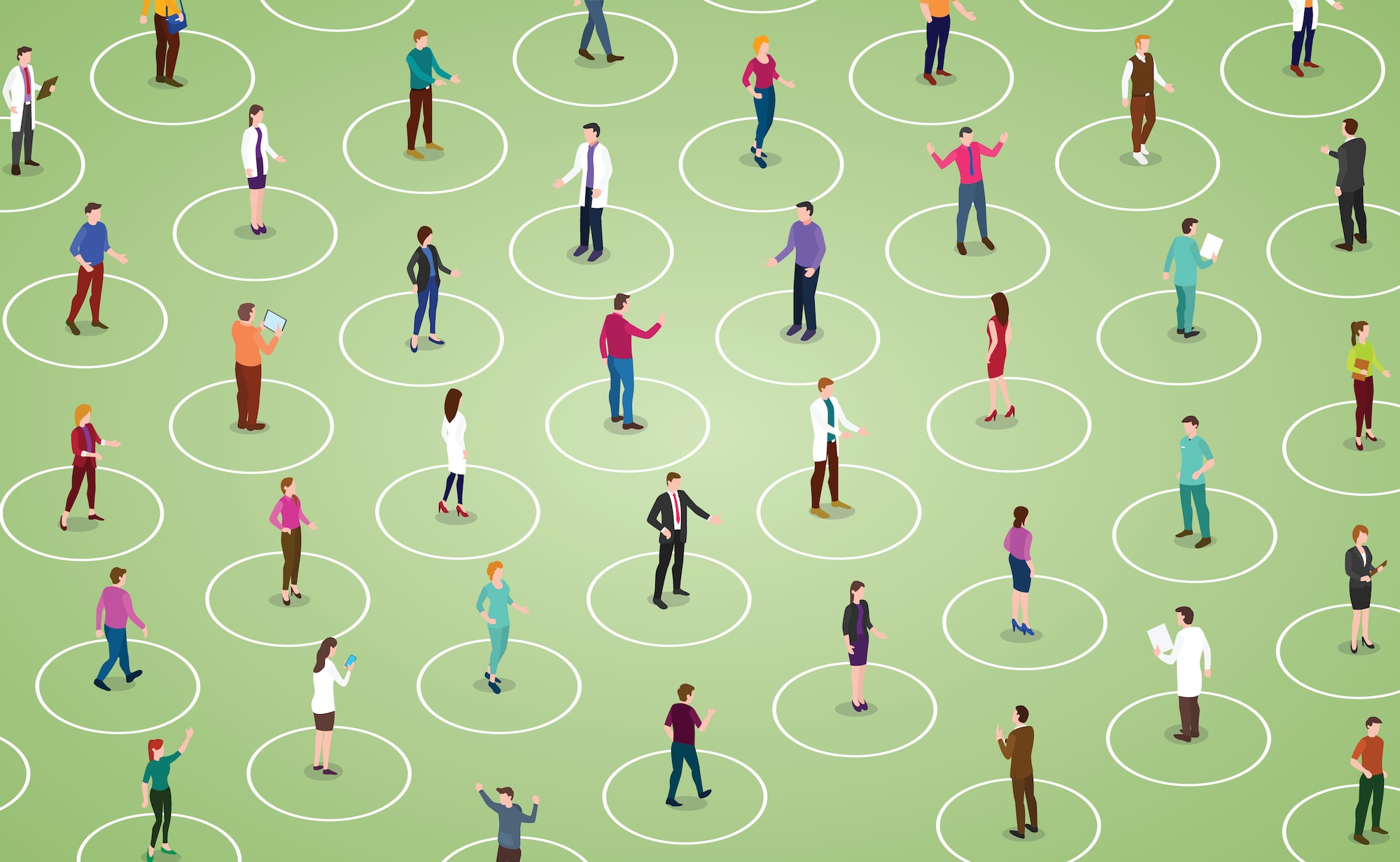 Graphic shows people standing in their individual circles apart from each other.