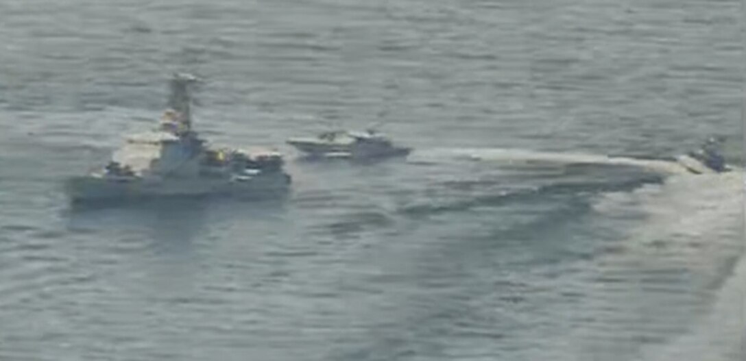 NORTH ARABIAN GULF (April 15, 2020) Iranian Islamic Revolutionary Guard Corps Navy (IRGCN) vessels conducted unsafe and unprofessional actions against U.S. Military ships by crossing the ships’ bows and sterns at close range while operating in international waters of the North Arabian Gulf. U.S. forces are conducting joint interoperability operations in support of maritime security in the U.S. 5th Fleet area of operations. (U.S. Navy photo)