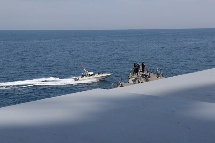 NORTH ARABIAN GULF (April 15, 2020) Iranian Islamic Revolutionary Guard Corps Navy (IRGCN) vessels conducted unsafe and unprofessional actions against U.S. Military ships by crossing the ships’ bows and sterns at close range while operating in international waters of the North Arabian Gulf. The guided-missile destroyer USS Paul Hamilton (DDG 60) is conducting joint interoperability operations in support of maritime security in the U.S. 5th Fleet area of operations. (U.S. Navy photo)