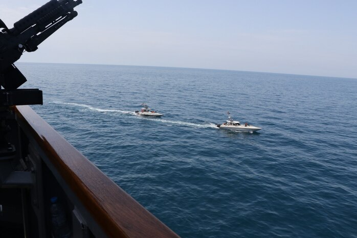 NORTH ARABIAN GULF (April 15, 2020) Iranian Islamic Revolutionary Guard Corps Navy (IRGCN) vessels conducted unsafe and unprofessional actions against U.S. Military ships by crossing the ships’ bows and sterns at close range while operating in international waters of the North Arabian Gulf. The guided-missile destroyer USS Paul Hamilton (DDG 60) is conducting joint interoperability operations in support of maritime security in the U.S. 5th Fleet area of operations. (U.S. Navy photo)