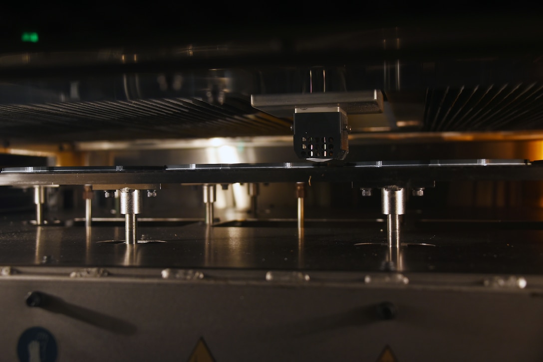 A 3D printer at the 982nd Maintenance Squadron prints off face shield brackets for the fight against COVID-19 at Sheppard Air Force Base, Texas, April 7, 2020. The 3D printers up to this point have been used in creating a variety of components used in the training environment. (U.S. Air Force photo by Staff Sgt. Robert L. McIlrath)