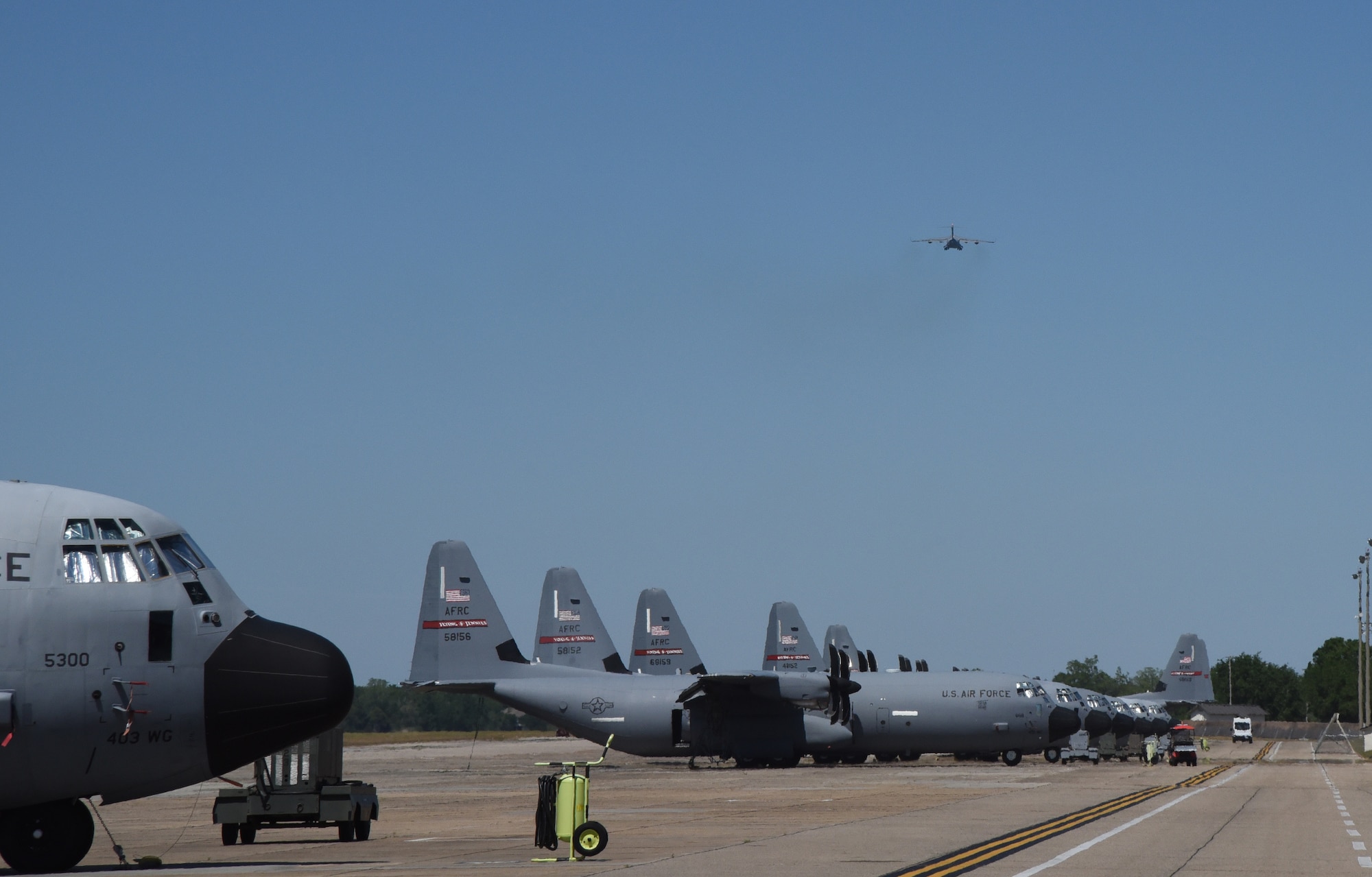 A C-17 Globemaster III flown by the 89th Airlift Squadron, based out of Wright-Patterson Air Force Base, Ohio, departs Keesler AFB, Miss., April 15, 2020. Approximately 10 Airmen with the 403rd Wing's 36th Aeromedical Evacuation Squadron mobilized to support COVID-19 relief efforts. These reservists will provide life-saving in-flight patient care. (U.S. Air Force photo by Lt. Col. Marnee A.C. Losurdo)