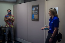 Kimberly McNally, community health nurse, Marine Corps Base Hawaii, speaks to guests after being presented the Civilian Service Achivement Award for impactful achievement while serving as community health nurse, MCBH, Apr. 15, 2020. Over the past sixty days, McNally consistently performed her demanding duties in an exemplary and highly professional manner in accomplishing the mission as a community health nurse during the COVID-19 outbreak. (U.S. Marine Corps photo by Cpl. Matthew Kirk)