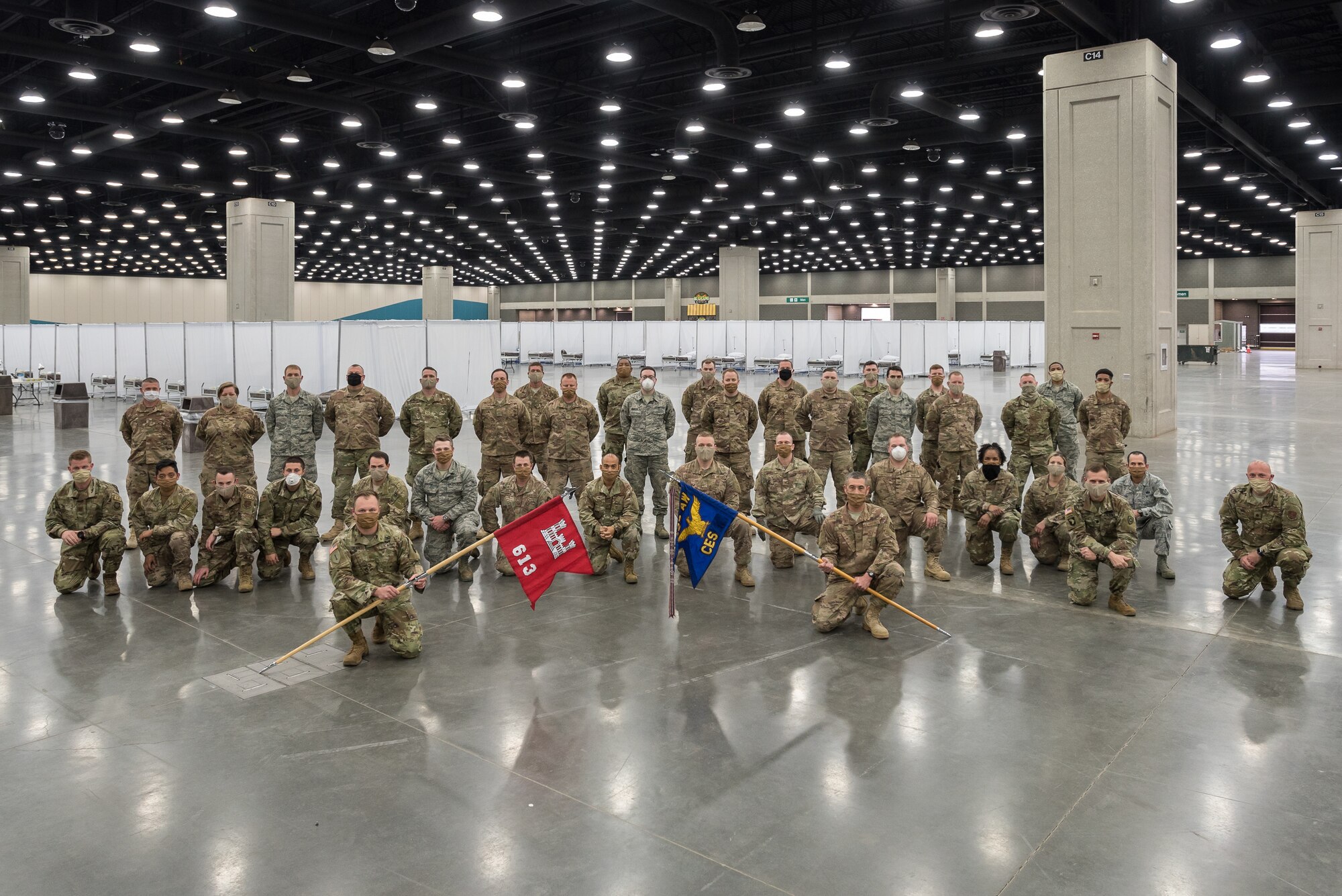 Thirty-nine Soldiers and Airmen from the Kentucky National Guard’s 123rd Civil Engineer Squadron and 613th Engineer Facilities Detachment constructed a 288-bed Alternate Care Facility at the Kentucky Fair and Exposition Center in Louisville, Ky., from April 11-14, 2020. The site, which is expected to be operational April 15, will treat patients suffering from COVID-19 if area hospitals exceed available capacity. The location is scalable to 2,000 beds. (U.S. Air National Guard photo by Dale Greer)