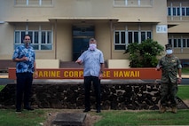 Sen. Jarrett Keohokalole (D-HI), Sen. Gil Riviere (D-HI), and Col. Raul Lianez, commanding officer, Marine Corps Base Hawaii, pose for a photo during a tour of MCBH, Apr. 15, 2020. Keohokalole and Riviere visited the base to discuss the COVID-19 response and toured the installation to observe how prepared and resilient the installation and MCBH community members are. MCBH is currently in Health Protection Condition Charlie, which is where the military and medical leaders are taking necessary precautions to prevent or respond to a potential outbreak. (U.S. Marine Corps photo by Cpl. Matthew Kirk)