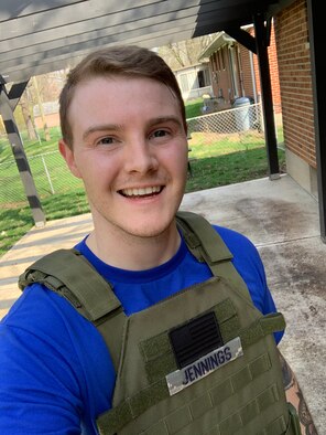 71st Intelligence Squadron Reserve Citizen Airman Staff Sgt. Jennings uses his weighted vest to get the most out of his virtual PT session April 4, 2020. Faced with the dilemma of being unable to connect person-to-person for their April UTA, the 71st IS conducted a virtual unit training assembly April 4-5, 2020.