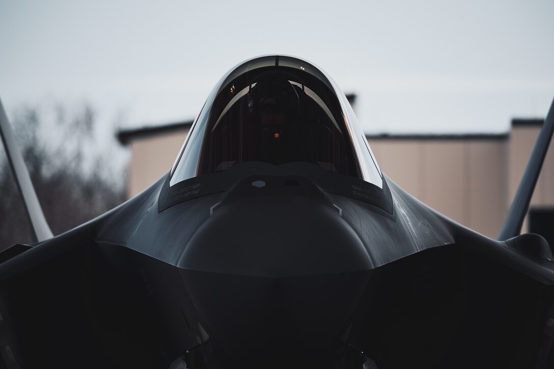 Col. David Shevchik, commander of the 158th Fighter Wing, Vermont Air National Guard, inspects his F-35 Lightning II ahead of flying a routine training mission