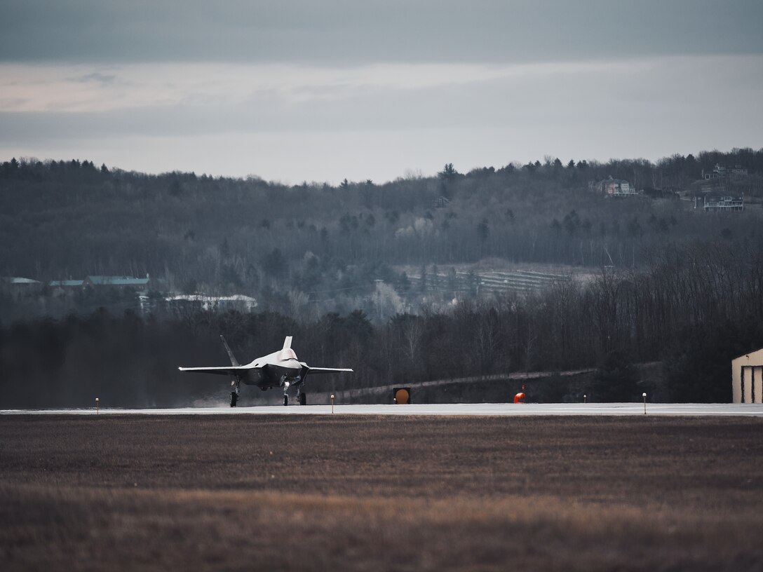 Pilots assigned to the 158th Fighter Wing, Vermont Air National Guard, takeoff for a routine training mission, Vermont Air National Guard Base