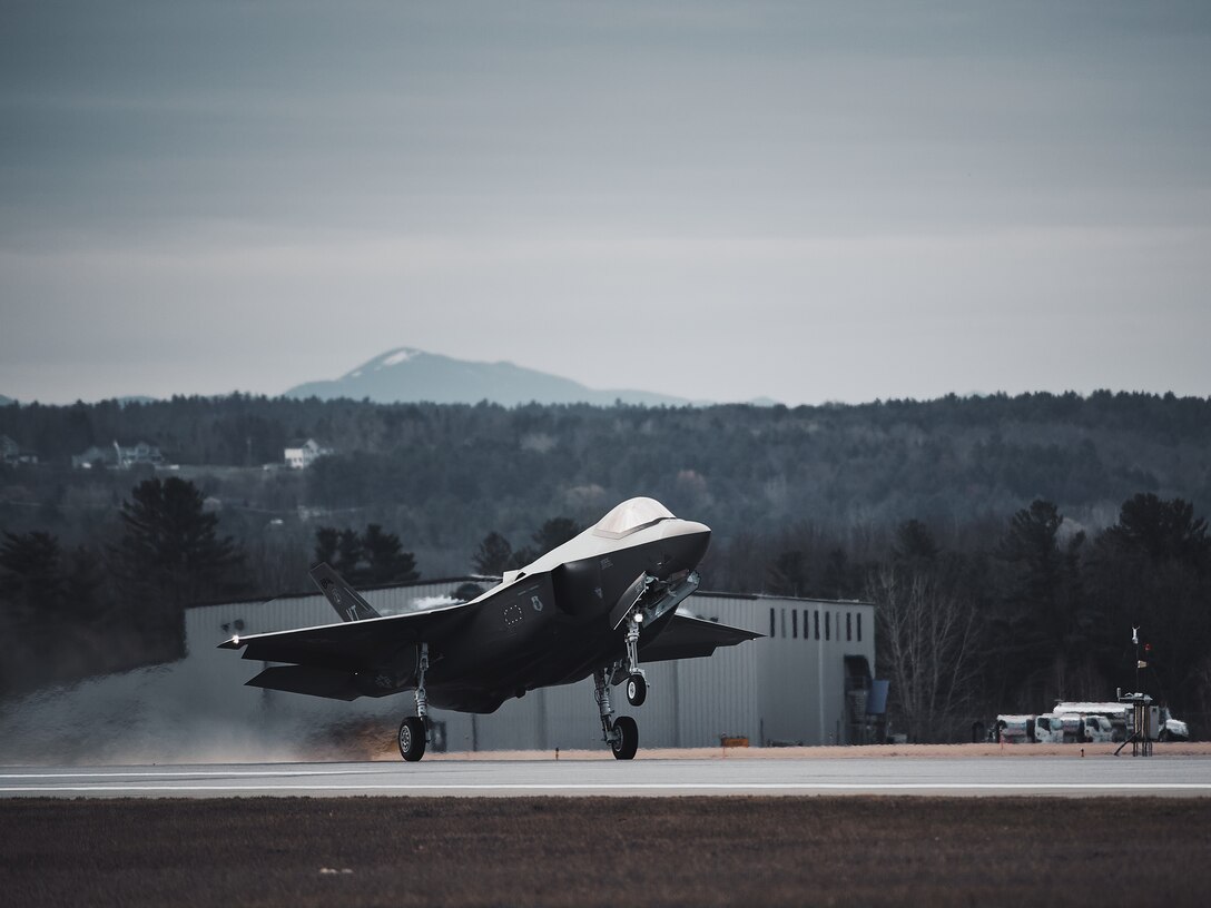 Pilots assigned to the 158th Fighter Wing, Vermont Air National Guard, takeoff for a routine training mission, Vermont Air National Guard Base