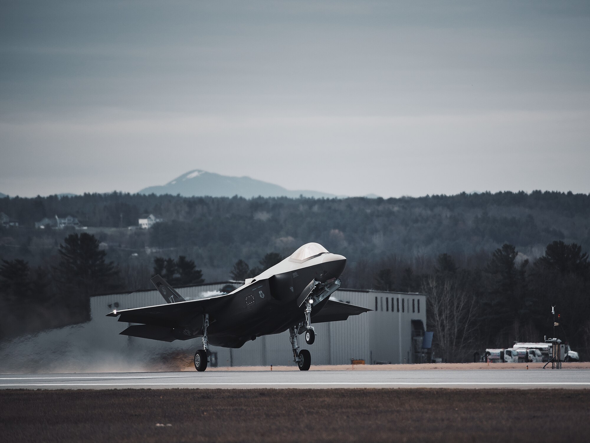 Pilots assigned to the 158th Fighter Wing, Vermont Air National Guard, takeoff for a routine training mission, Vermont Air National Guard Base