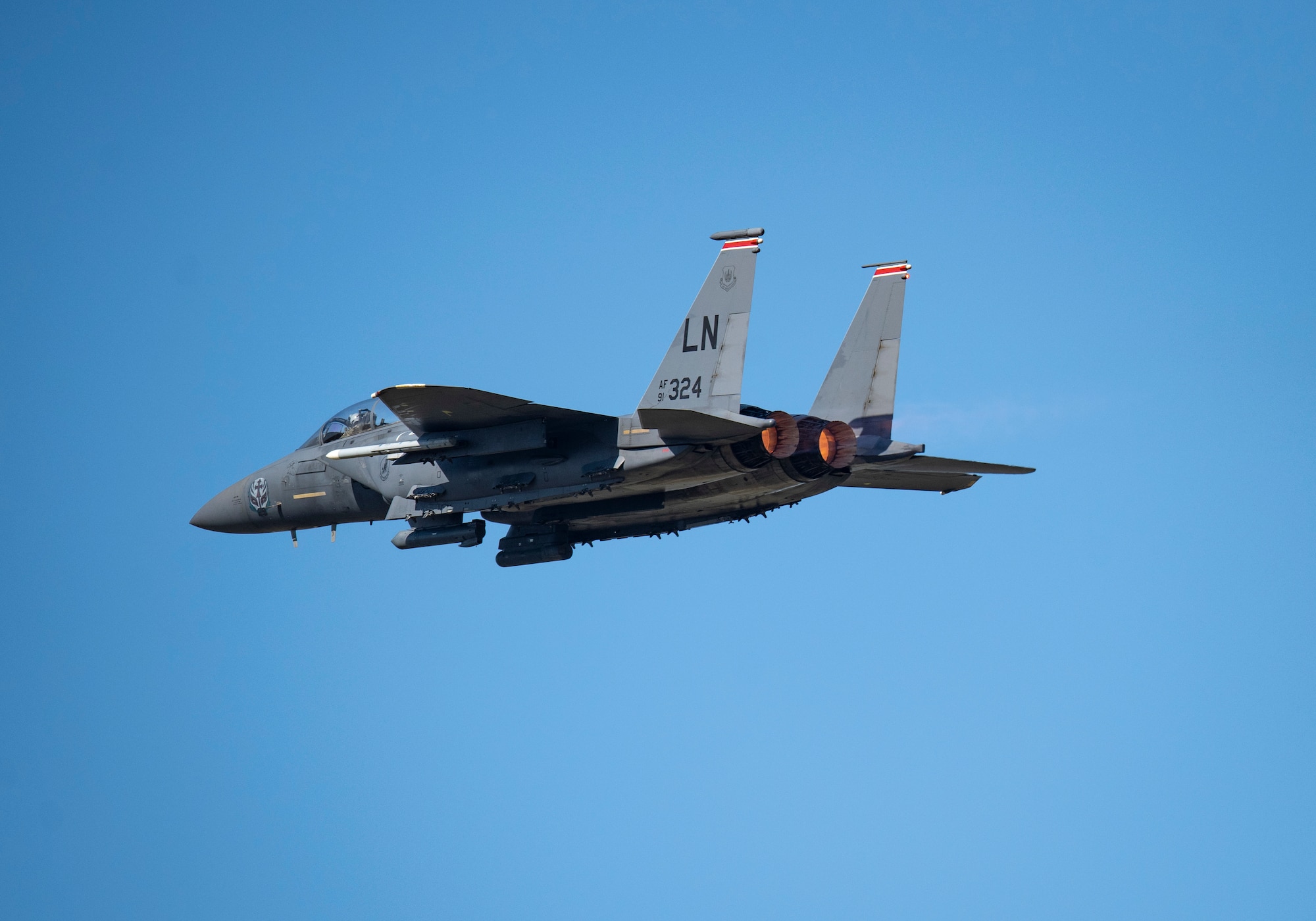 An F-15E Strike Eagle assigned to the 494th Fighter Squadron launches for a training sortie from Royal Air Force Lakenheath, England, April 15, 2020. The 494th FS conducts daily routine training to ensure the Liberty Wing brings unique air combat capabilities to the fight when called upon by United States Air Forces in Europe-Air Forces Africa. (U.S. Air Force photo by Airman 1st Class Madeline Herzog)