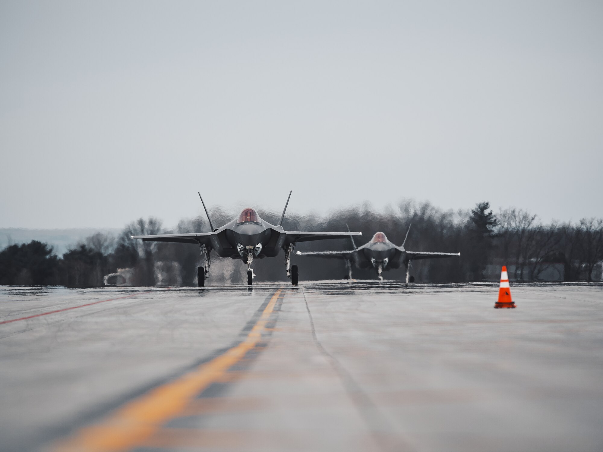 Pilots assigned to the 158th Fighter Wing, Vermont Air National Guard, land after flying a routine training mission, Vermont Air National Guard Base.