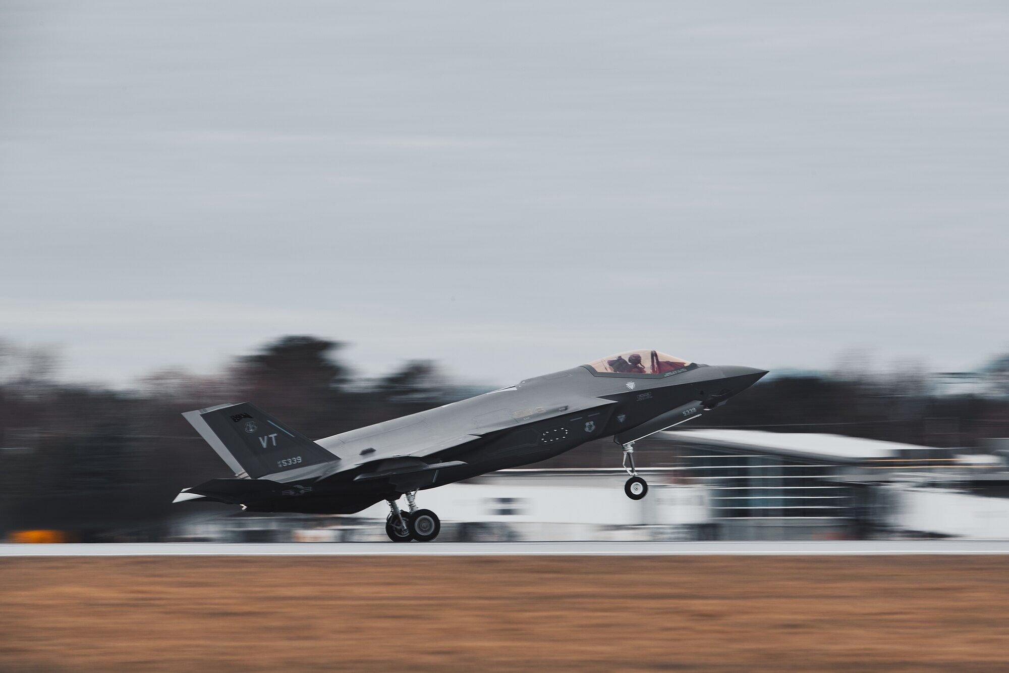 Pilots assigned to the 158th Fighter Wing, Vermont Air National Guard, land after flying a routine training mission, Vermont Air National Guard Base.