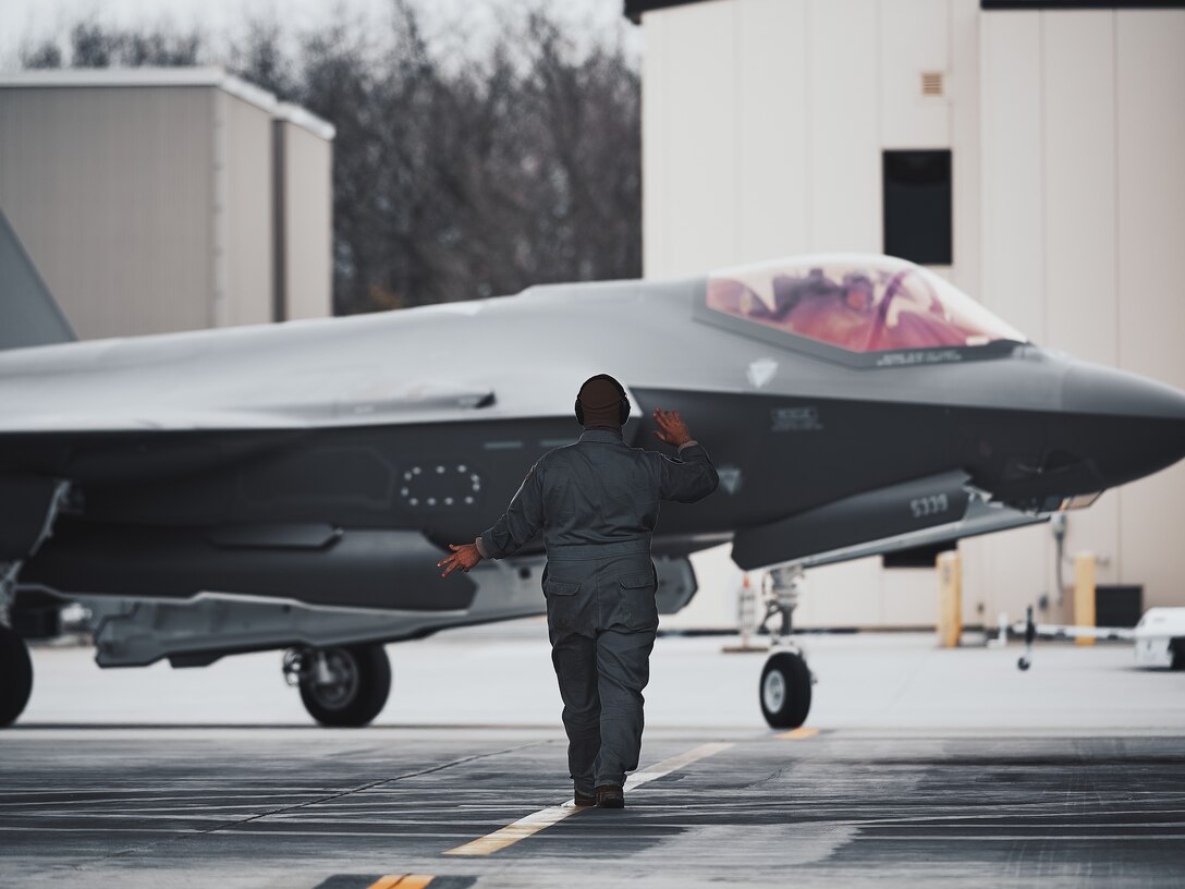 Pilots assigned to the 158th Fighter Wing, Vermont Air National Guard, land after flying a routine training mission, Vermont Air National Guard Base.