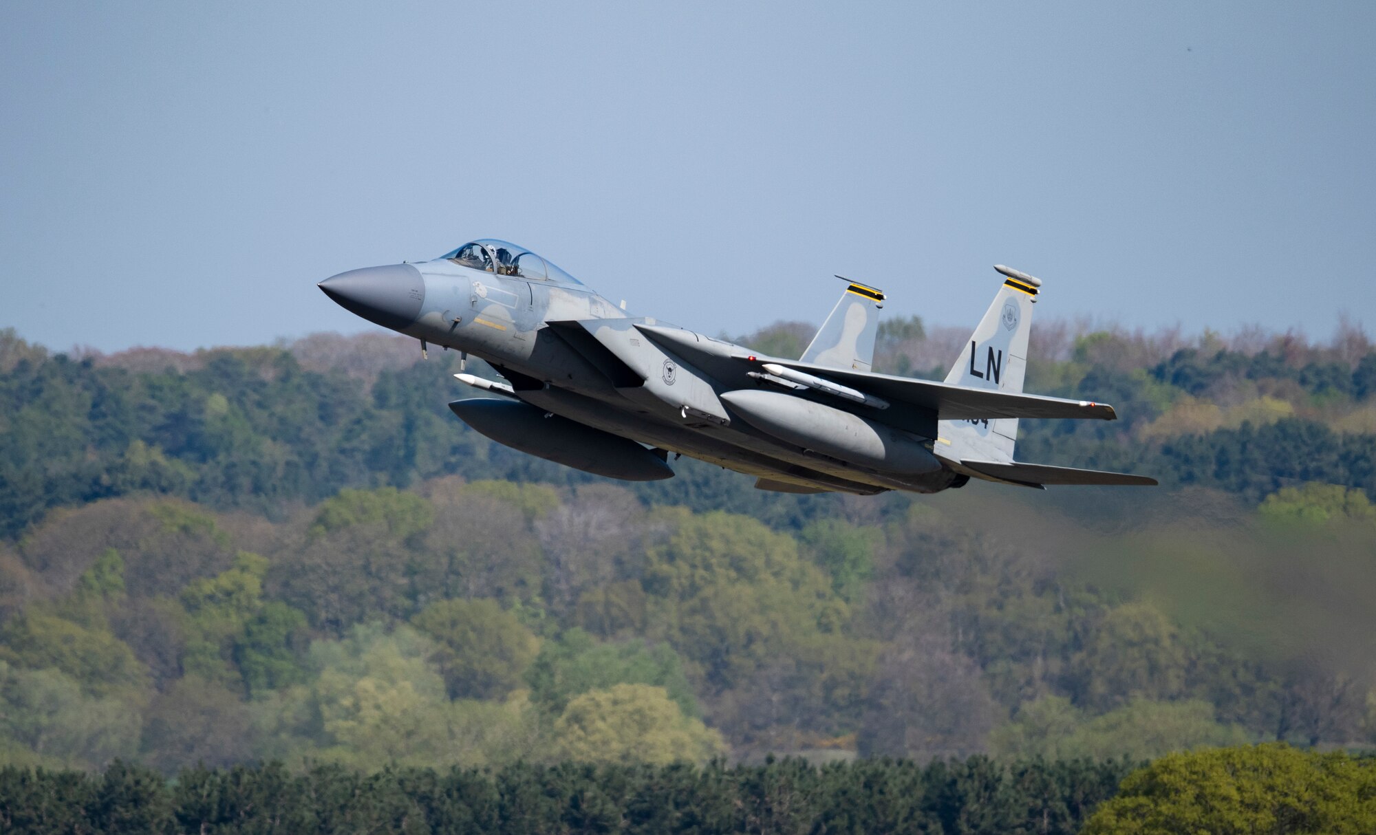 An F-15C Eagle assigned to the 493rd Fighter Squadron takes off for a training sortie from Royal Air Force Lakenheath, England, April 15, 2020. The Eagle is an all-weather, extremely maneuverable, tactical fighter designed to gain and maintain air supremacy over the battlefield. (U.S. Air Force photo by Airman 1st Class Madeline Herzog)