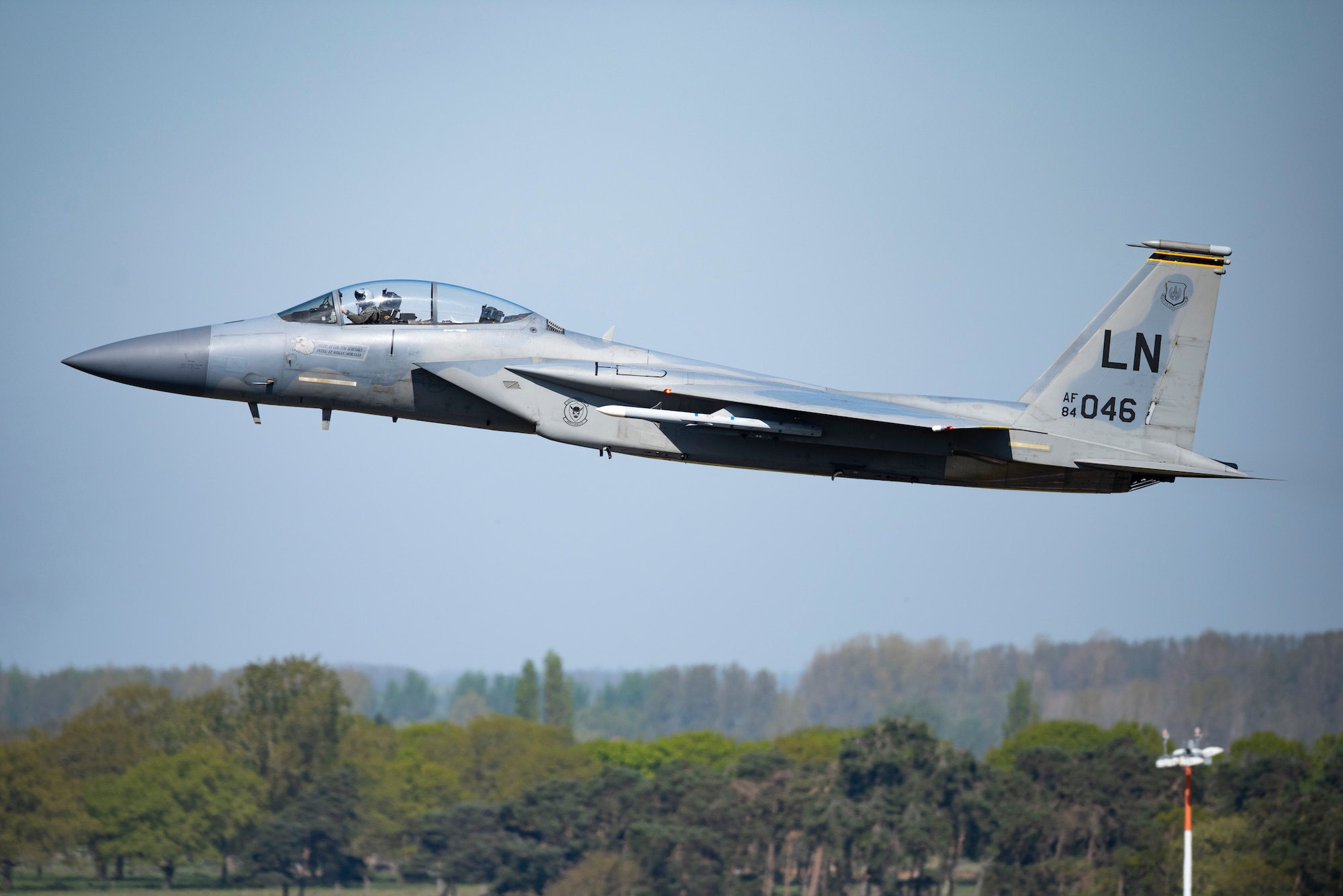 An F-15C Eagle assigned to the 493rd Fighter Squadron launches for a training sortie from Royal Air Force Lakenheath, England, April 15, 2020. The 493rd FS conducts daily routine training to ensure the Liberty Wing brings unique air combat capabilities to the fight when called upon by United States Air Forces in Europe-Air Forces Africa.
(U.S. Air Force photo by Airman 1st Class Madeline Herzog)