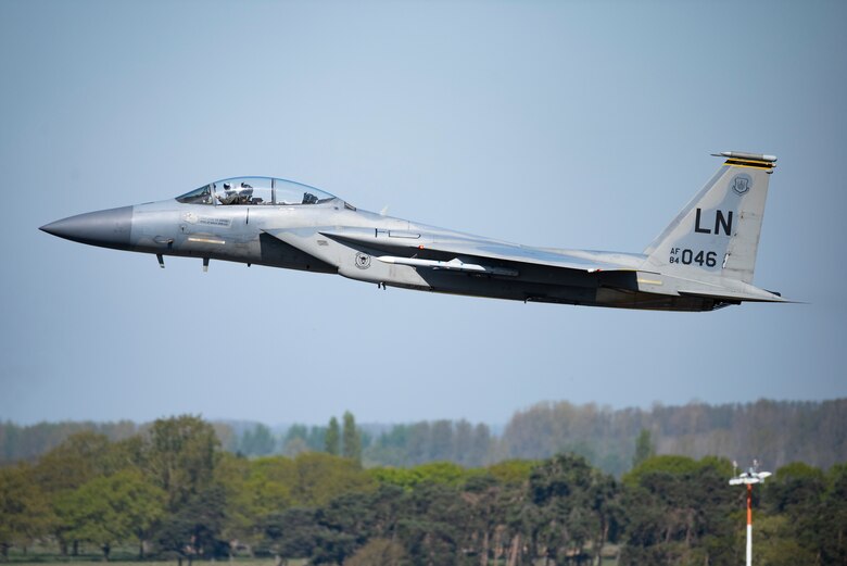 An F-15C Eagle assigned to the 493rd Fighter Squadron launches for a training sortie from Royal Air Force Lakenheath, England, April 15, 2020. The 493rd FS conducts daily routine training to ensure the Liberty Wing brings unique air combat capabilities to the fight when called upon by United States Air Forces in Europe-Air Forces Africa.
(U.S. Air Force photo by Airman 1st Class Madeline Herzog)