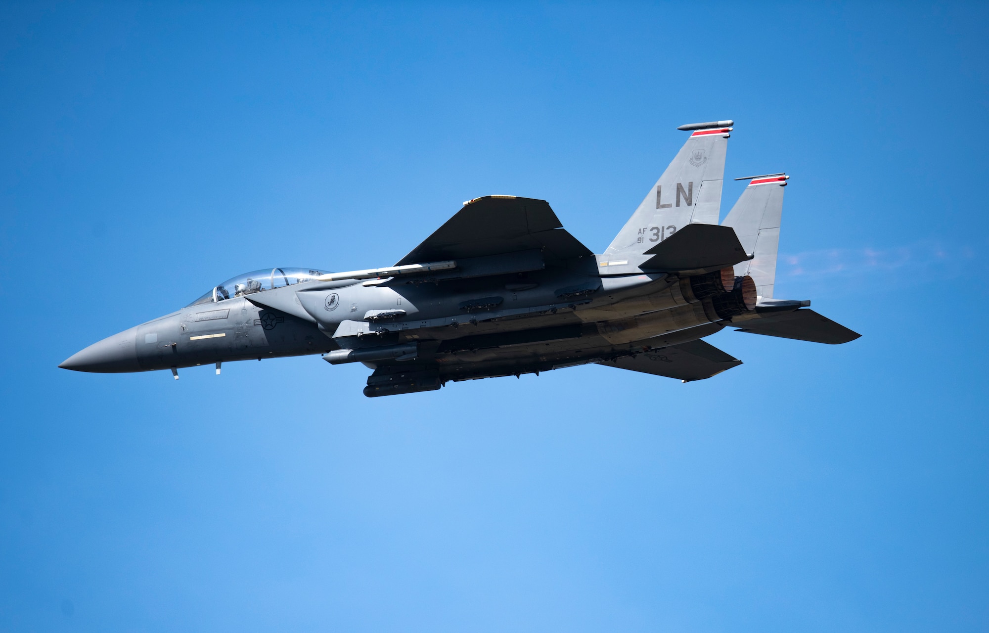 An F-15E Strike Eagle assigned to the 494th Fighter Squadron launches for a training sortie from Royal Air Force Lakenheath, England, April 15, 2020. Despite the current COVID-19 crisis, the 48th Fighter Wing has a critical mission of delivering combat air power when called upon that must continue. (U.S. Air Force photo by Airman 1st Class Madeline Herzog)
