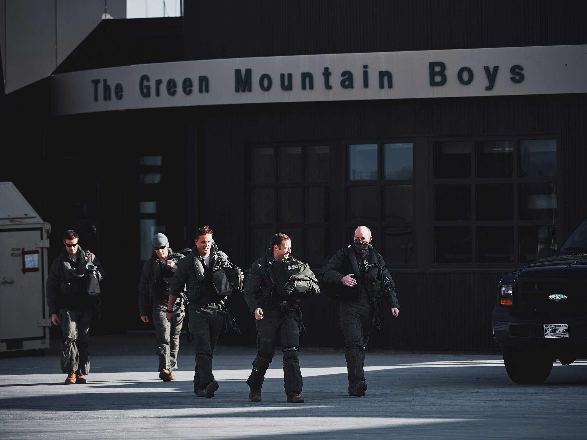 Pilots assigned to the 158th Fighter Wing, Vermont Air National Guard, prepare to fly a routine training mission, Vermont Air National Guard Base.