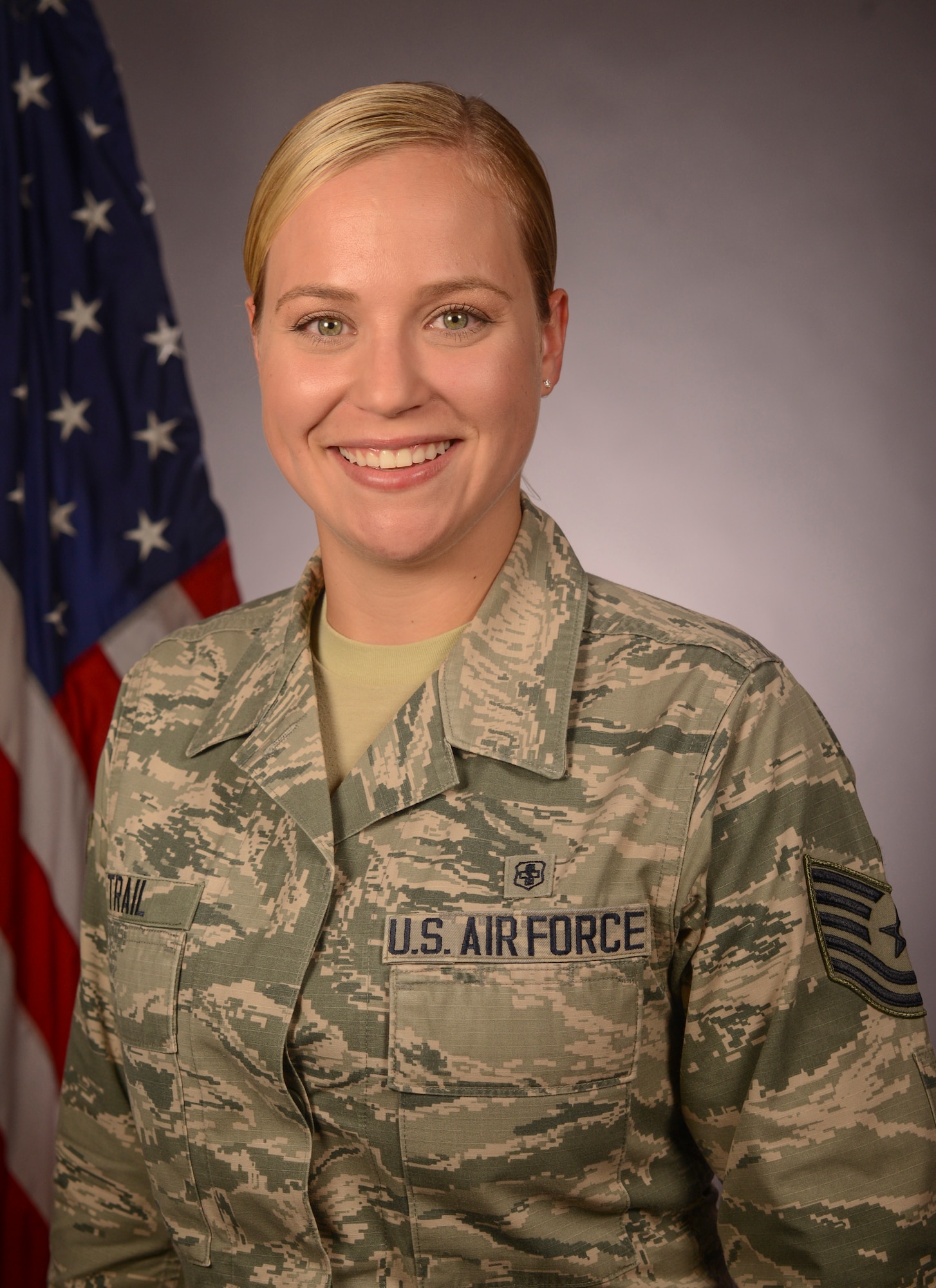 U.S. Air Force Tech. Sgt. Lauren Trail, a Georgia Air National Guard recruiter, poses for an official photo at Robins Air Force Base, Georgia, July 18, 2019. (U.S. Air National Guard photo by Tech. Sgt. Nancy Goldberger)