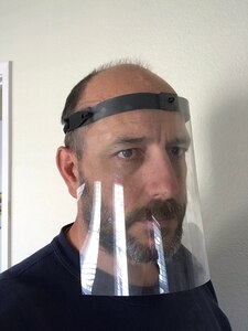 NSWC Corona's low-cost, quick procurement face shield prototype developed for prison staff at an adjacent correctional facility in Norco, Calif.