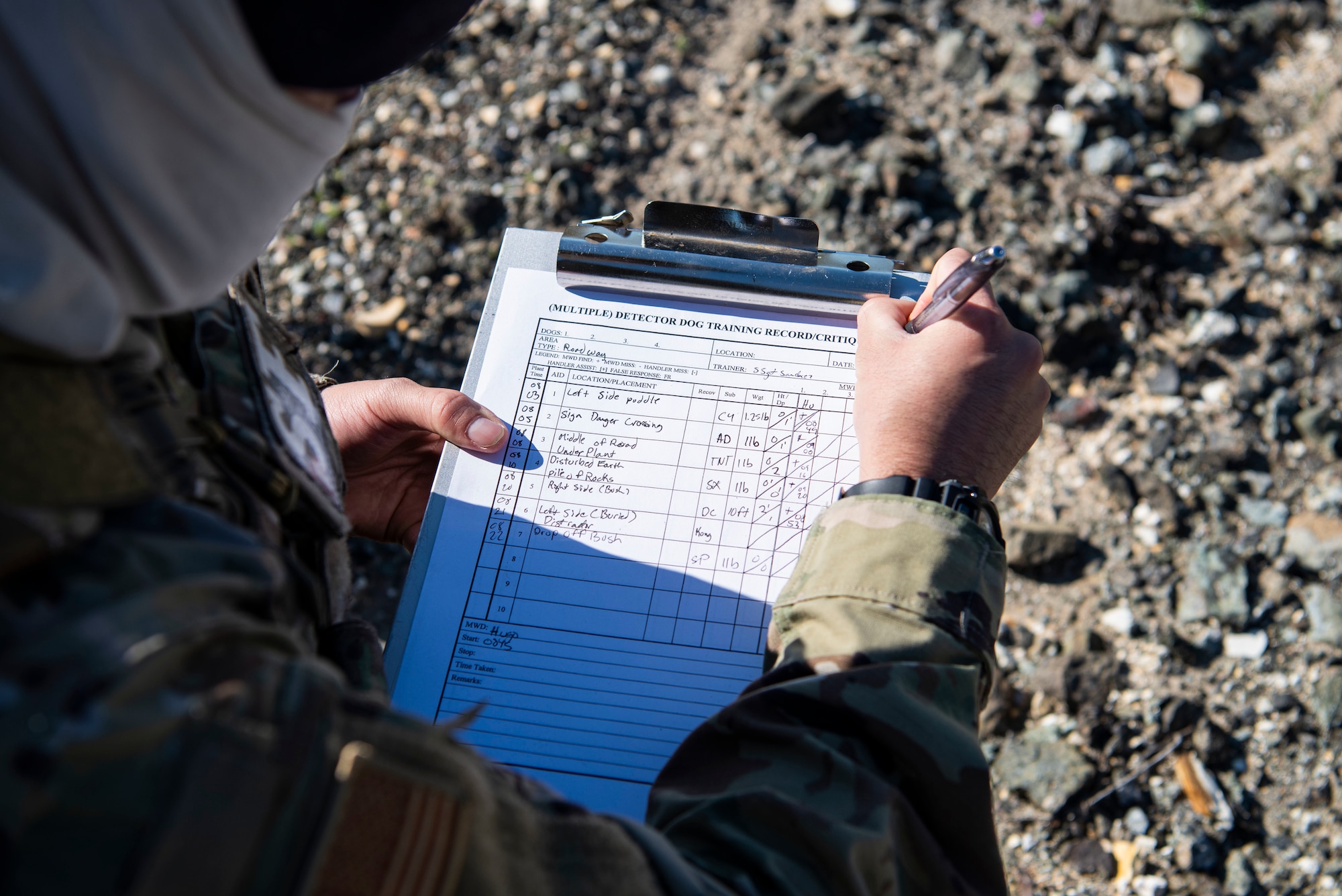 Staff Sgt. Stephen Sanchez, 30th Security Forces Squadron trainer, takes notes during a roadway detection training April 15, 2020 at Vandenberg Air Force Base, Calif. Roadway detection is one of the many trainings that handlers and military working dogs receive monthly that are designed to simulate situations that might occur at home station, while deployed, or when supporting Secret Service missions. (U.S. Air Force photo by Senior Airman Aubree Owens)