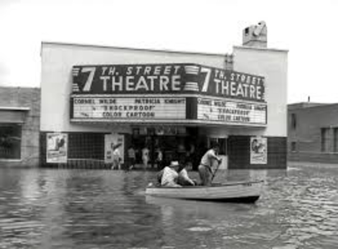 Photo showing 1949 flood water height in front of the old 7th Street Theater in Fort Worth, Texas
