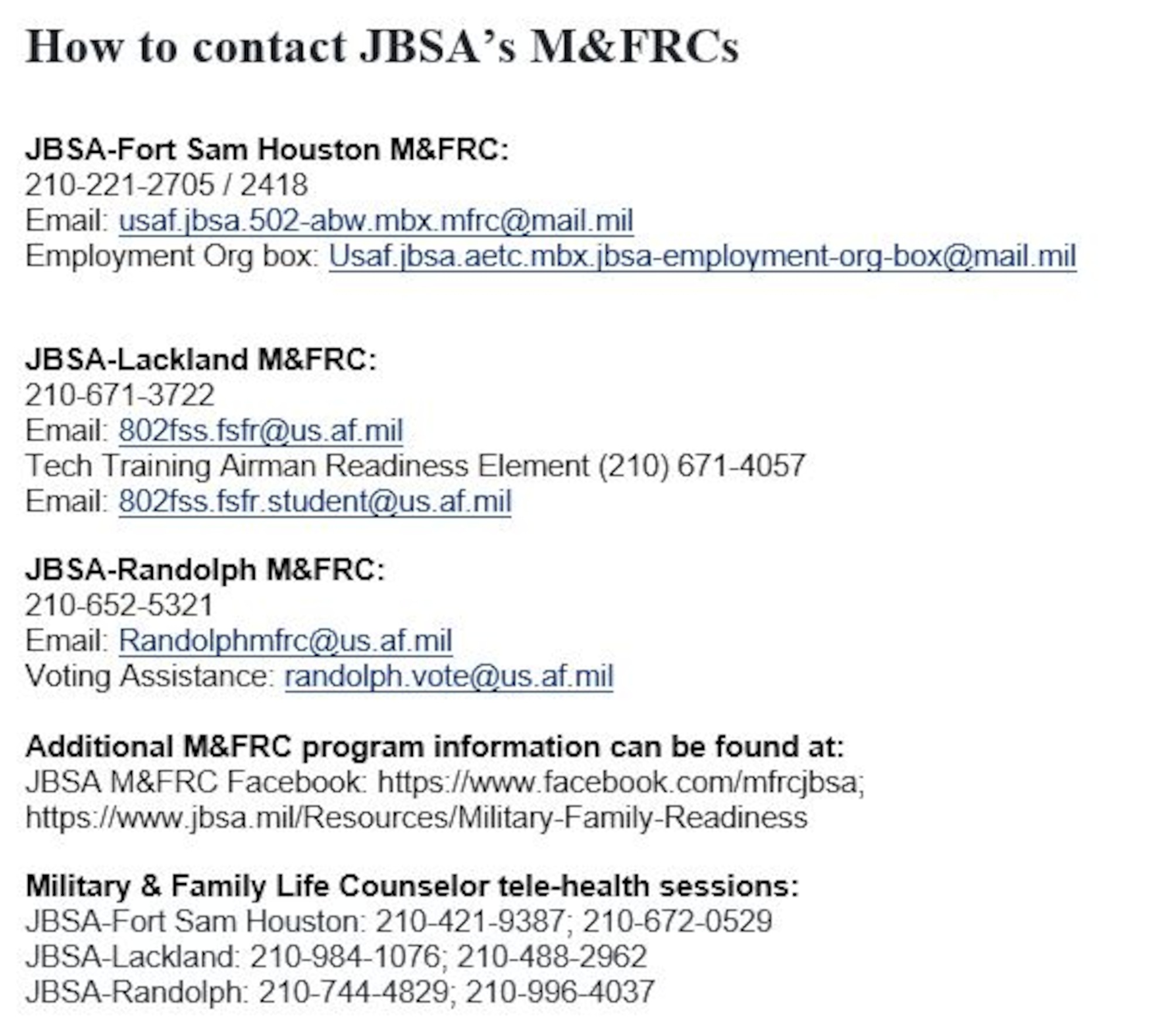 Contact information for JBSA Military Family Readiness Centers