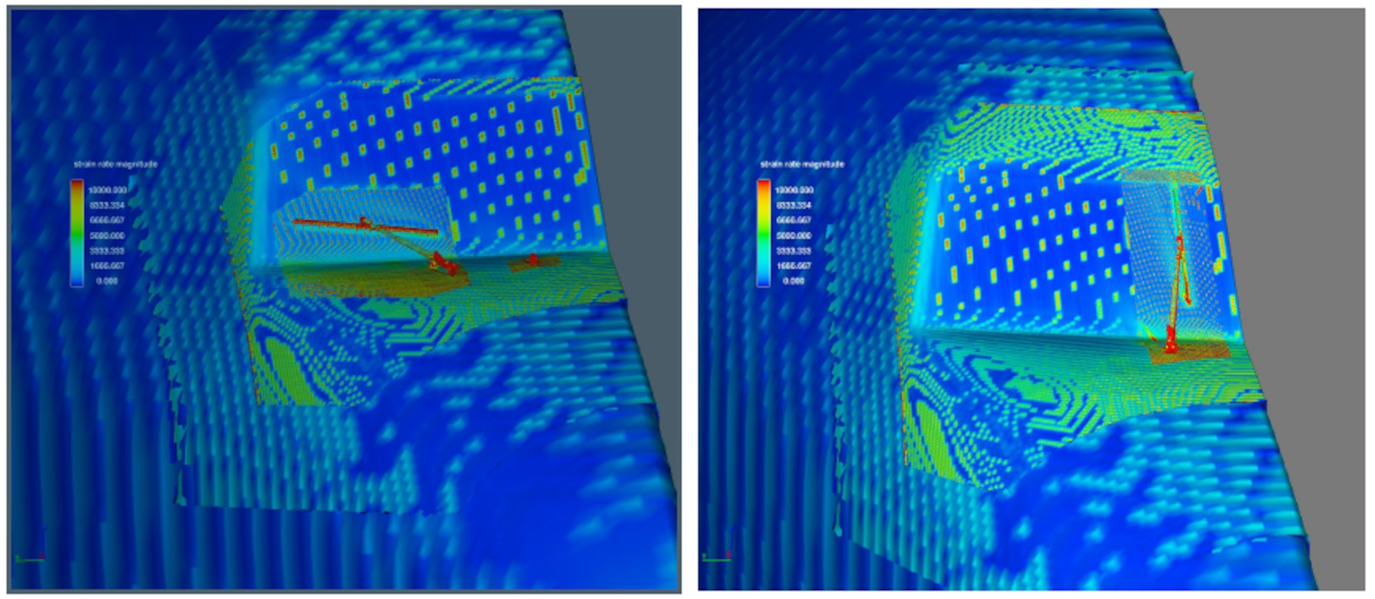 Computational fluid dynamics (CFD) analysis, conducted by Air Force Research Laboratory (AFRL) and Southwest Research Institute, shows the nose of a KC-135 Stratotanker, as the wiper blades are positioned horizontally (left) and vertically (right). The red indicates an area of high aerodynamic drag.