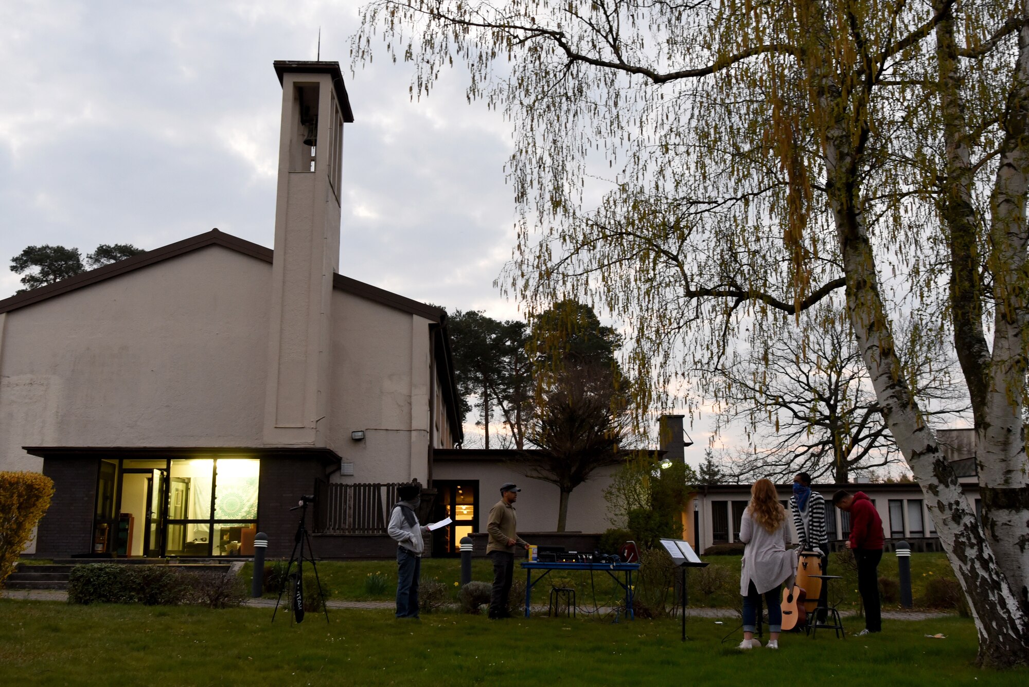 Members of the Contemporary Service Worship Team gather near the Northside Chapel at Ramstein Air Base, Germany, April 9, 2020.