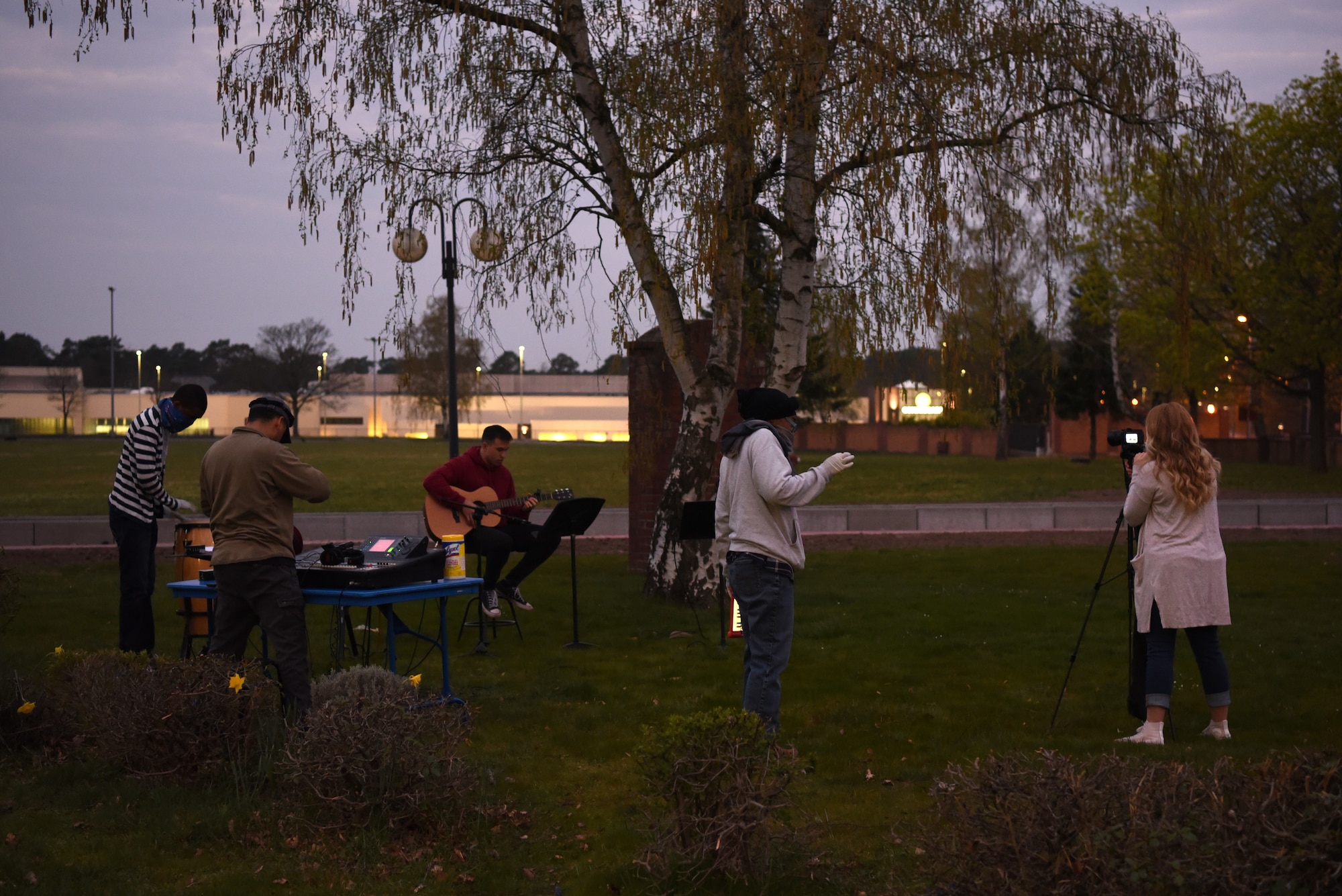 Members of the Contemporary Service Worship Team gather near the Northside Chapel at Ramstein Air Base, Germany, April 9, 2020.