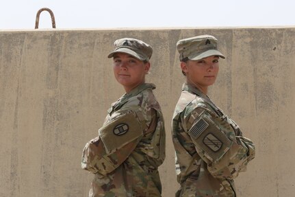 U.S. Army Sgt. Kaela Henasey and Sgt. Karissa Henasey deployed in the Central Command area of responsibility, April 10, 2020.  The twin Soldiers are on their second deployment with the 30th Armored Brigade Combat Team, North Carolina National Guard.