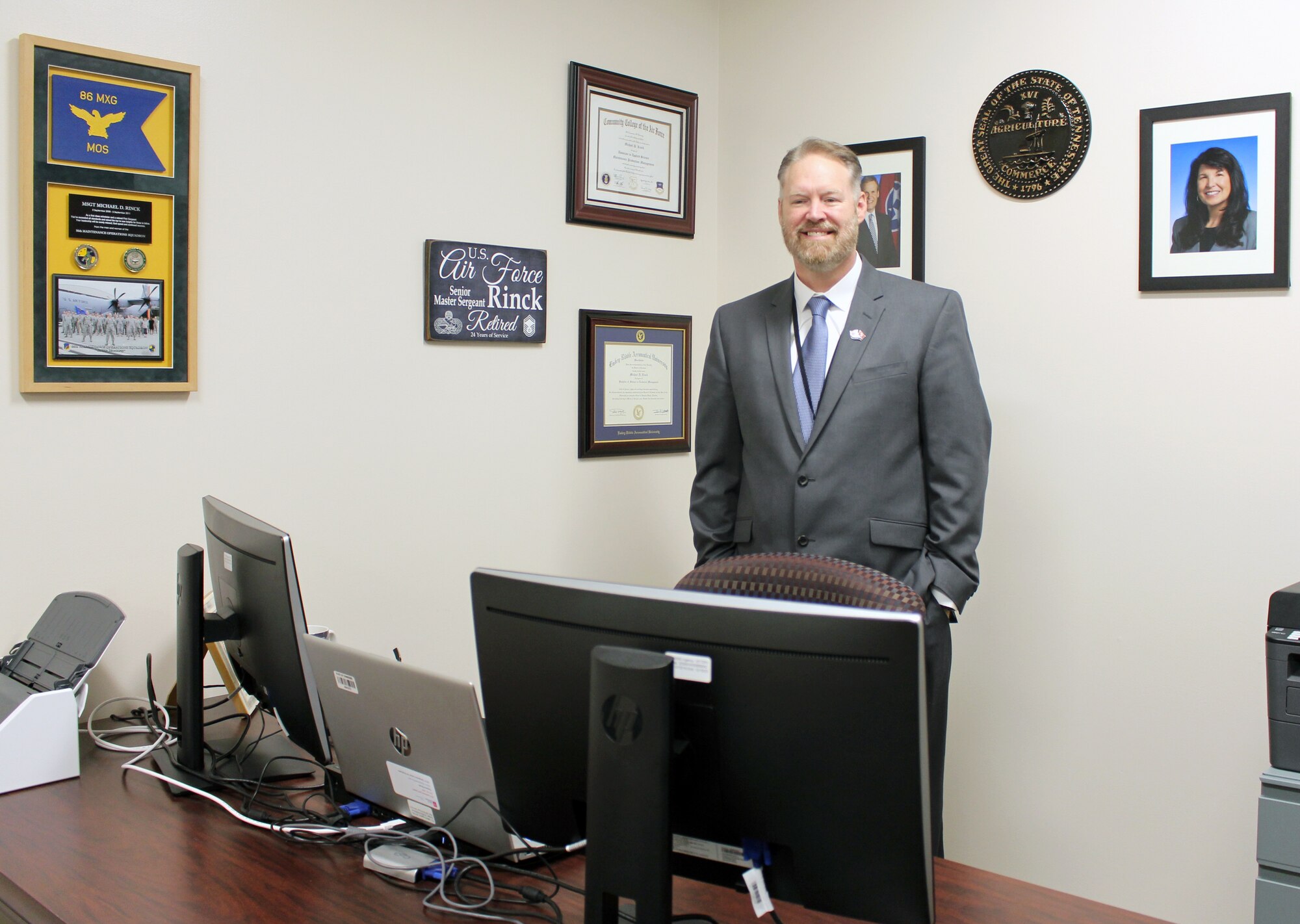 Michael Rinck, veterans resource coordinator, stands in the new Tennessee Department of Veterans Services field office March 12, 2020, located in the Medical Aid Station at Arnold Air Force Base, Tenn. The office will assist in providing benefits information and other important services for area veterans. (U.S. Air Force photo by Deidre Moon)