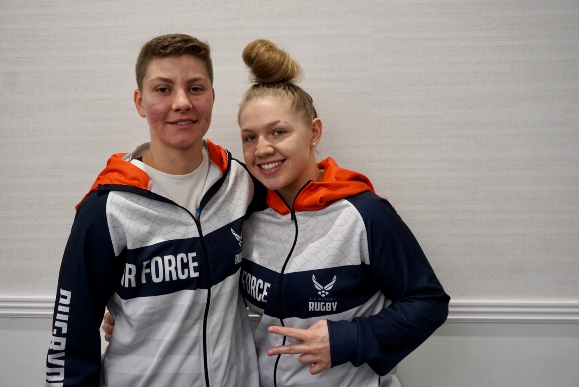 U.S. Air Force Airmen 1st Class Jena White and Jordan Agnello, 5th Security Forces Squadron
response force members assigned to Minot Air Force Base, N.D., pose for a photograph in
Glendale, Colo., March 14, 2020. They are the two youngest members of the U.S. Air Force
Women’s Rugby Team. (U.S. Air Force photo by Capt. Michelle Sierra-Kwandham)
