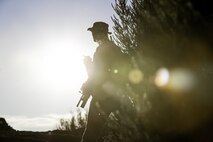 U.S. Marine Corps Cpl. John Rooney, a squad leader with Bravo Company, 1st Light Armored Reconnaissance Battalion, 1st Marine Division, patrols during Steel Knight 2020 (SK20) at an undisclosed location, Dec. 9, 2019.