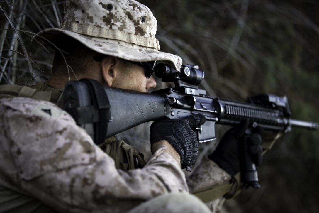 U.S. Marine Corps Lance Cpl. Cody Parr, a Low Altitude Air Defense Gunner with Bravo Company, 1st Light Armored Reconnaissance Battalion, 1st Marine Division, provides security during Steel Knight 2020 (SK20) at an undisclosed location, Dec. 9, 2019.