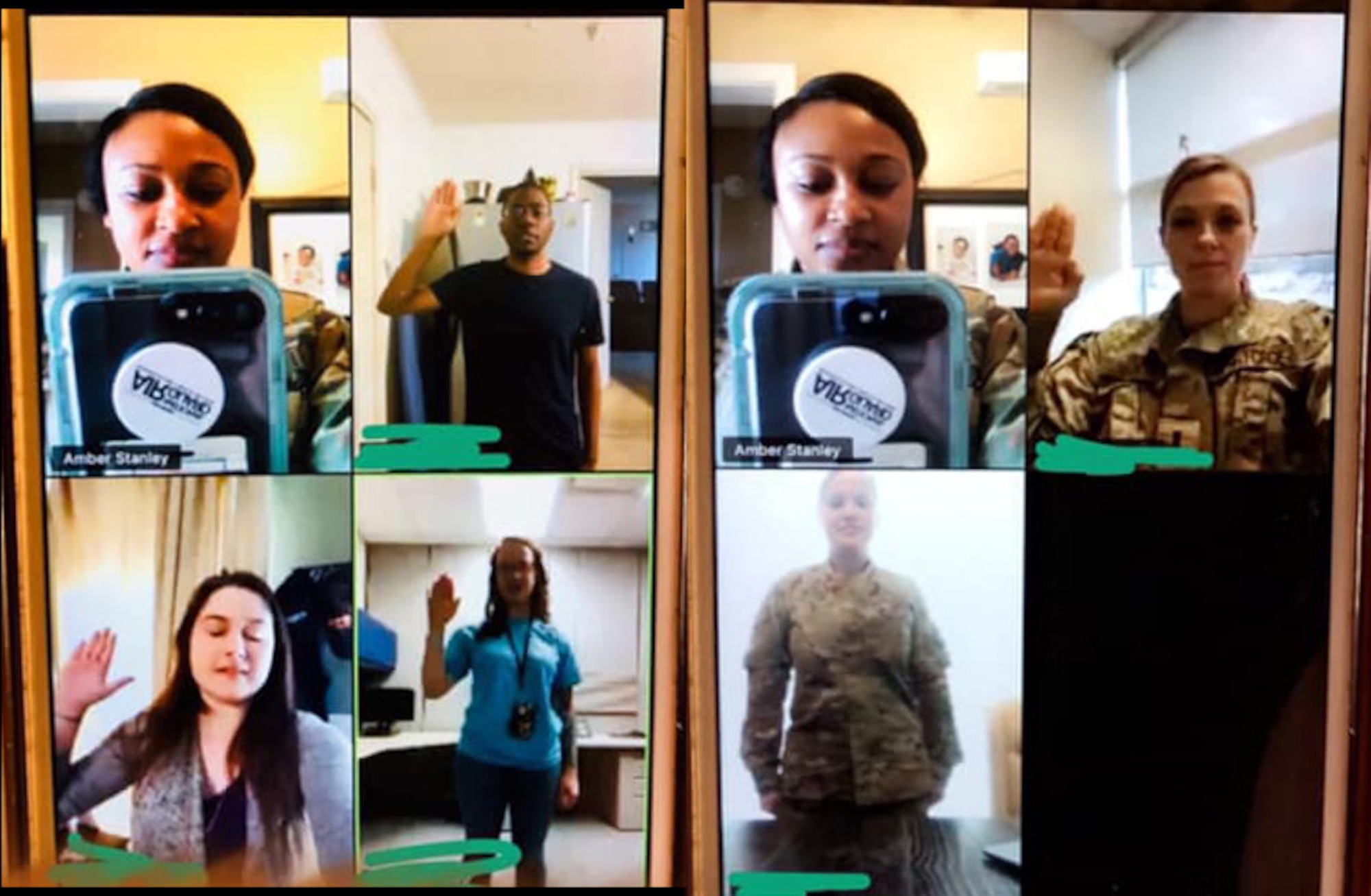 U.S. Air Force Tech. Sgts. Lauren Trail and Amber Stanley, recruiters with the Georgia Air National Guard, use video chat to conduct enlistments March 19, 2020. The recruiters turned to virtual, encrypted platforms to handle paperwork and video chats for in-person meetings to work from home during the COVID-19 shelter-in-place order from the governor. (U.S. Air National Guard photographic by Master Sgt. Nancy Goldberger)